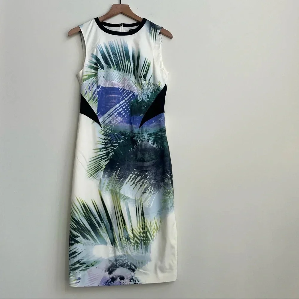 NWOT Karen Millen Signature Stretch palm tree tropical print pencil shift dress